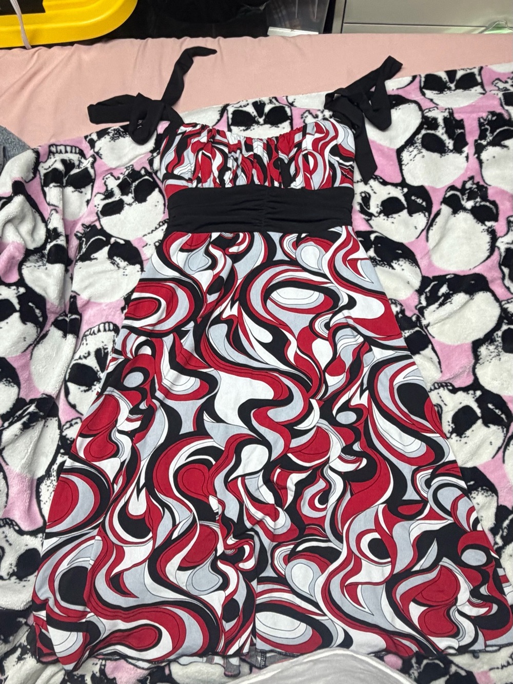 Vintage Speechless Red, Black & White Swirl Tie-Shoulder Mini Dress